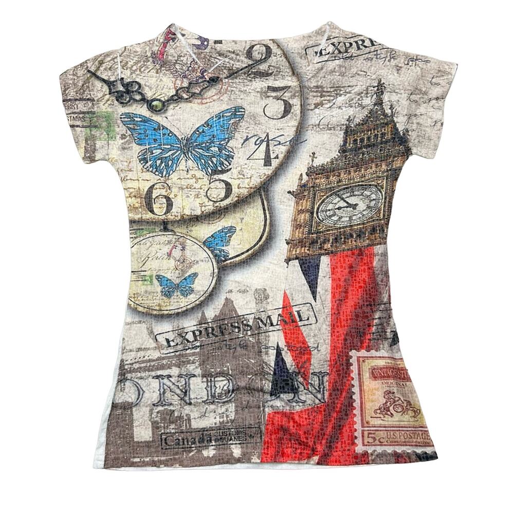 Y2k london england. big ben all over print heather fitted baby tee size S